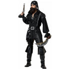 Man wearing black pirate costume with bandana, holding sword and pistol prop | Chaps London