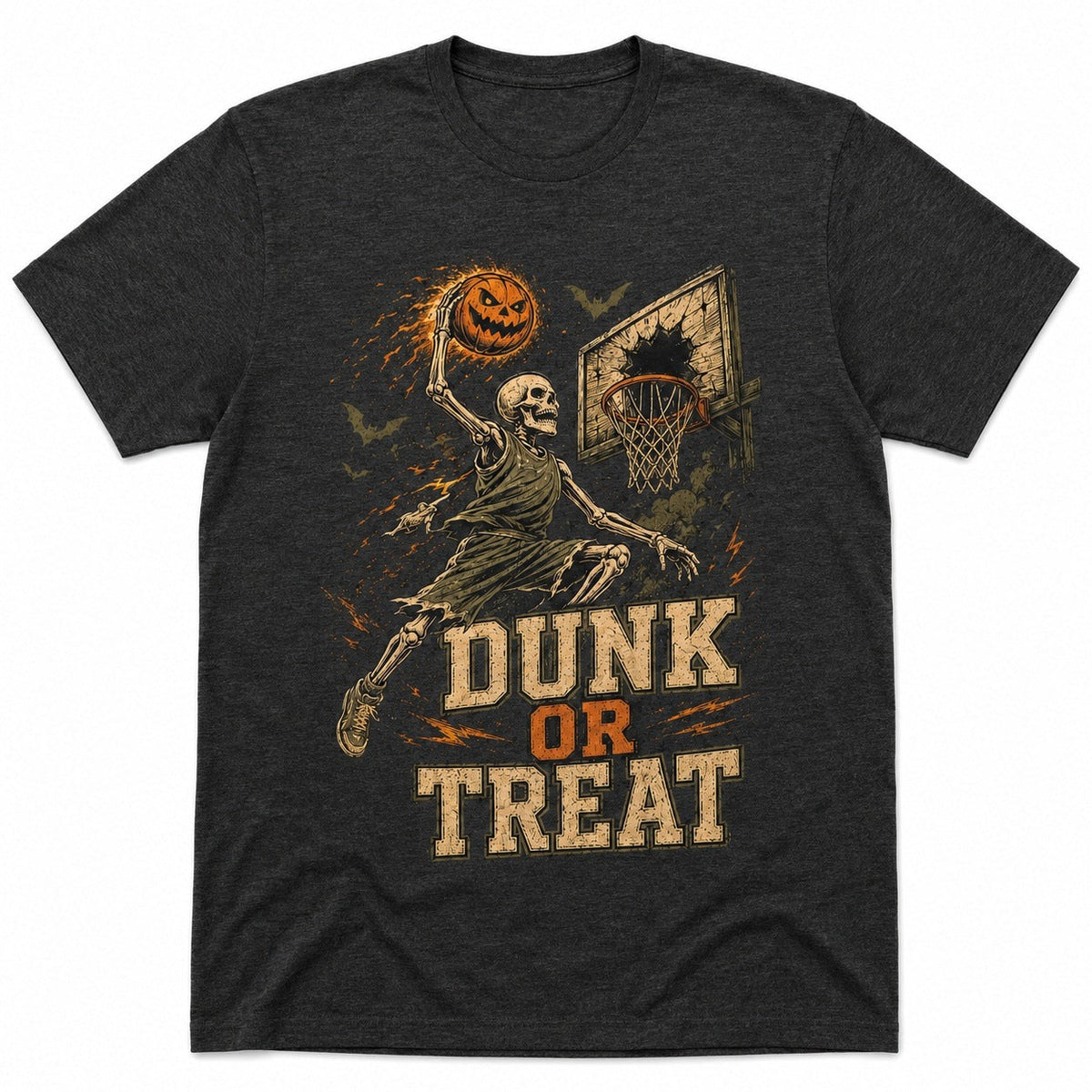 Dark heather gray t-shirt with skeleton dunking basketball graphic, worn flat | Chaps London