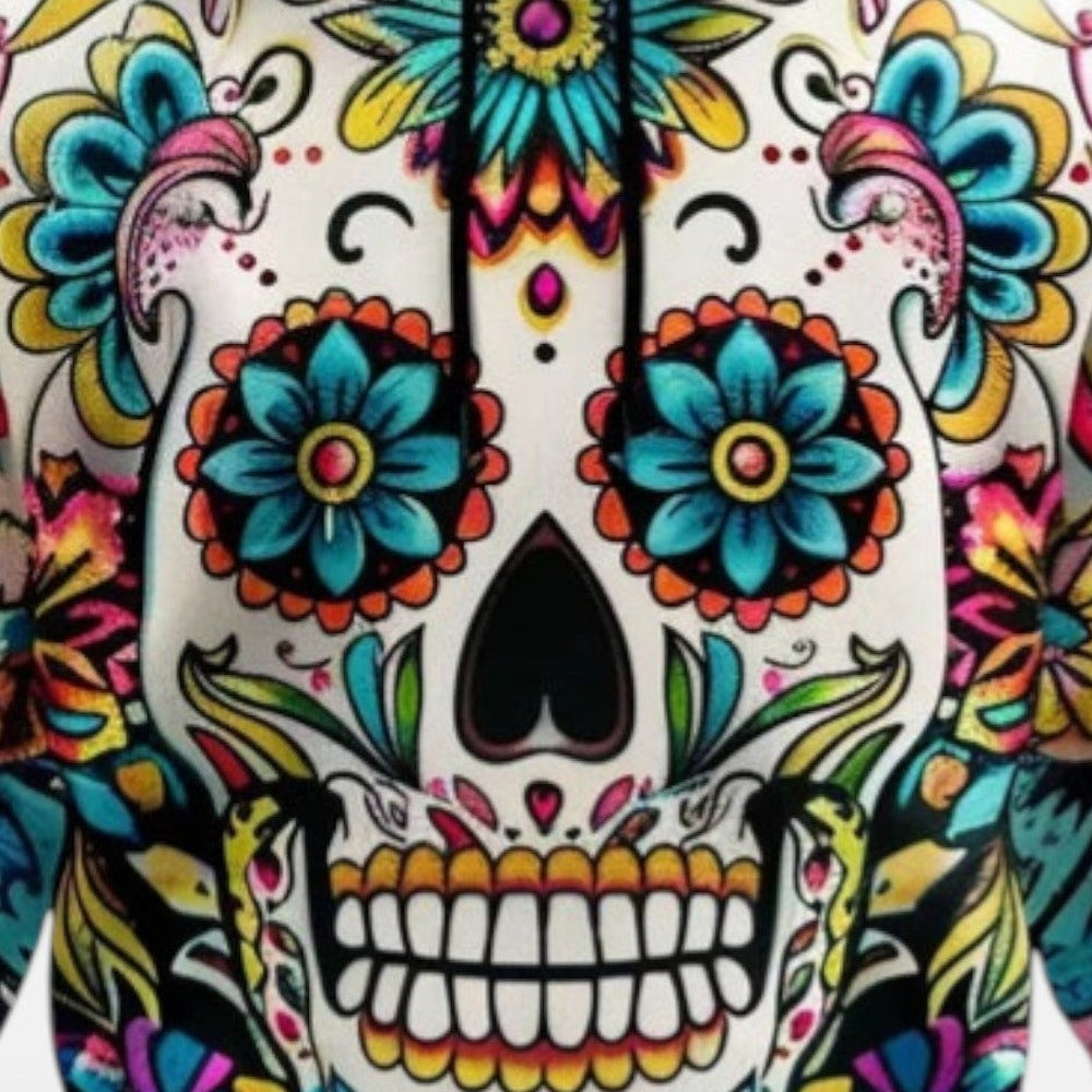 Worn hoodie with colorful sugar skull floral print, close-up front view | Chaps London