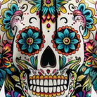 Worn hoodie with colorful sugar skull floral print, close-up front view | Chaps London