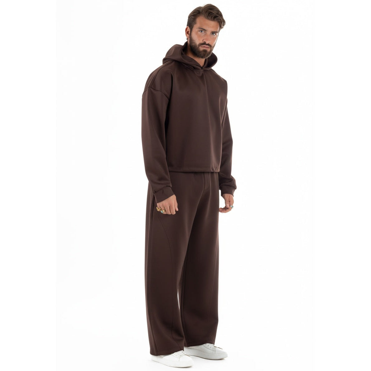 Men's Cropped Hoodie Set | Baggy Trousers | Brown
