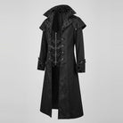 Black gothic long coat with high collar, brocade pattern, mannequin display | Chaps London