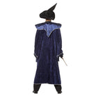 Blue velvet wizard robe with star print collar, worn by person with hat | Chaps London
