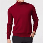Man wearing dark red turtleneck sweater with black pants, knit texture | Chaps London