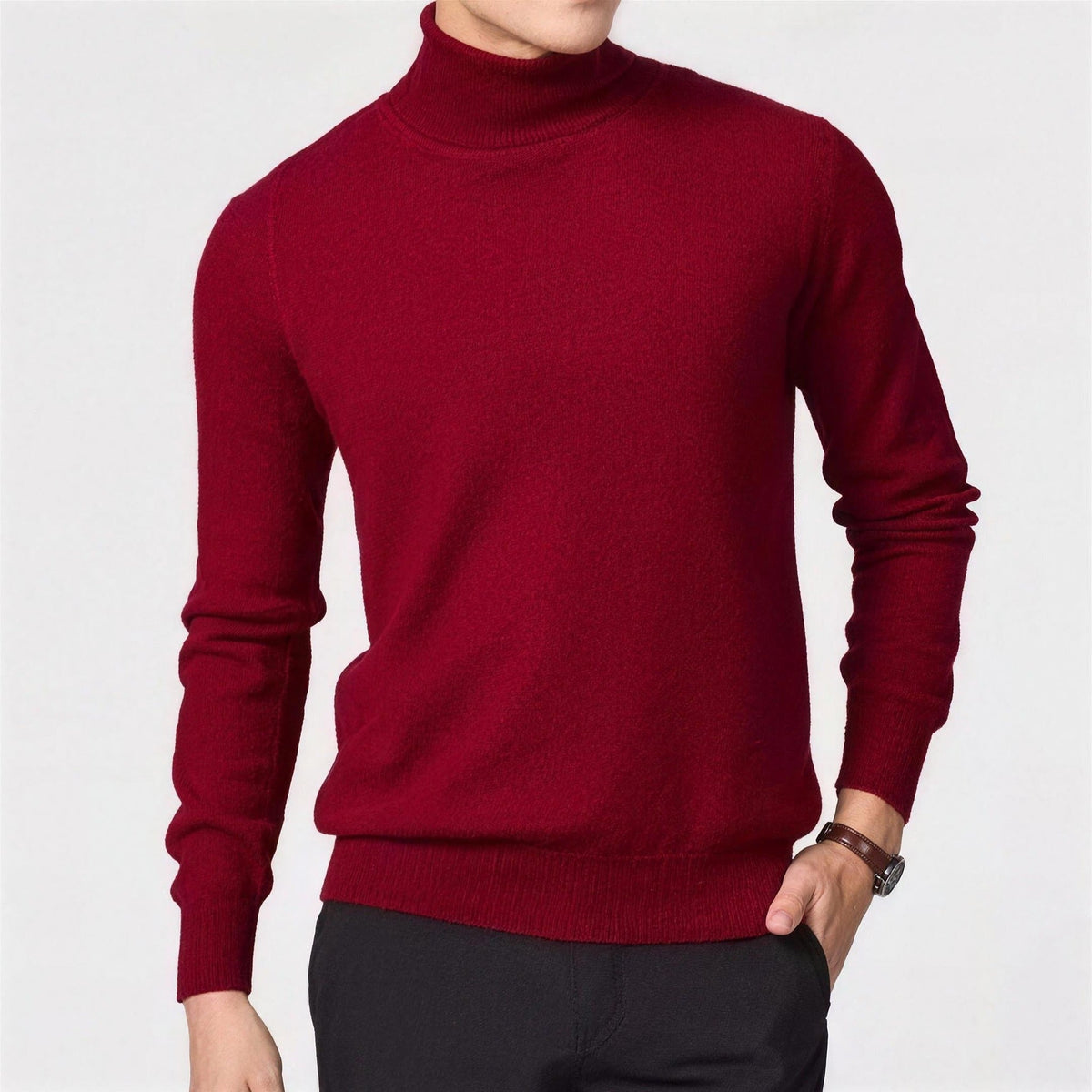 Man wearing dark red turtleneck sweater with black pants, knit texture | Chaps London