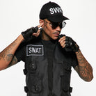 Man wearing black SWAT costume vest, cap, and fingerless gloves | Chaps London