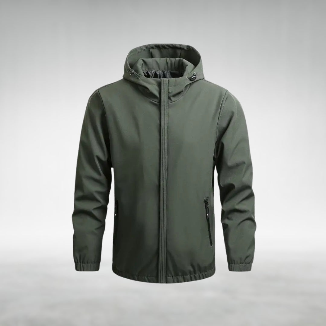 Olive green hooded zip-up jacket displayed on invisible mannequin, front view | Chaps London