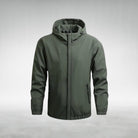 Olive green hooded zip-up jacket displayed on invisible mannequin, front view | Chaps London