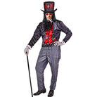 Man wearing black vampire costume with top hat, pinstripe trousers, holding cane | Chaps London