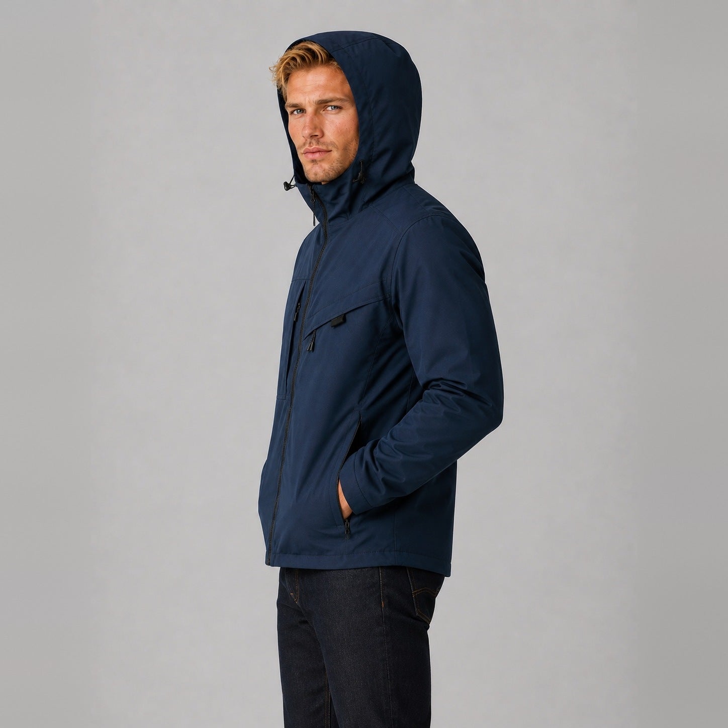Man wearing navy hooded jacket with hood up, side view | Chaps London