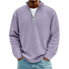 Man wearing lavender ribbed knit half-zip jumper with high collar, worn casually | Chaps London