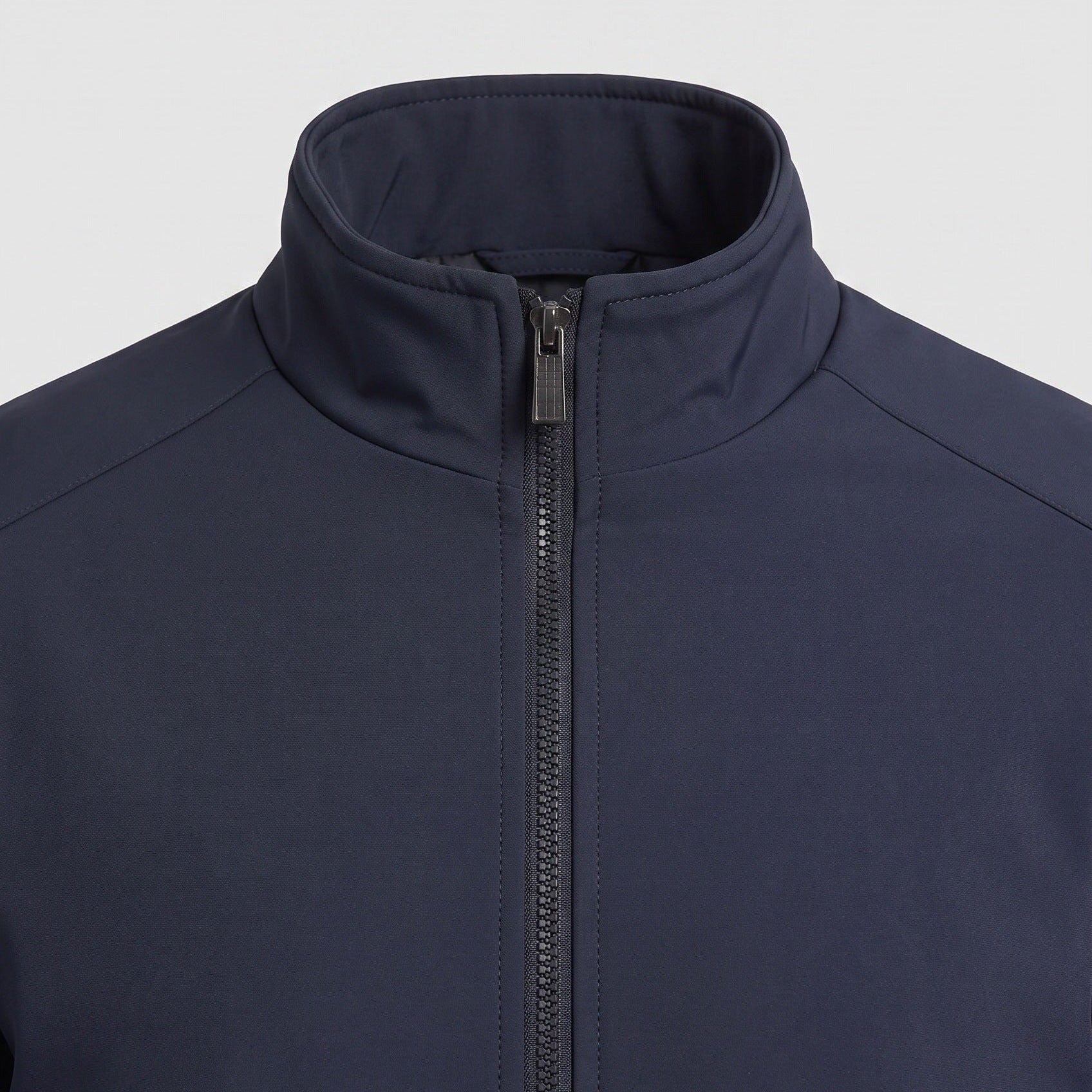 Navy stand collar zip jacket, close-up view, worn by person | Chaps London
