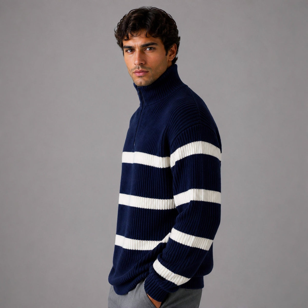 Man wearing navy ribbed knit half zip jumper with white stripes | Chaps London