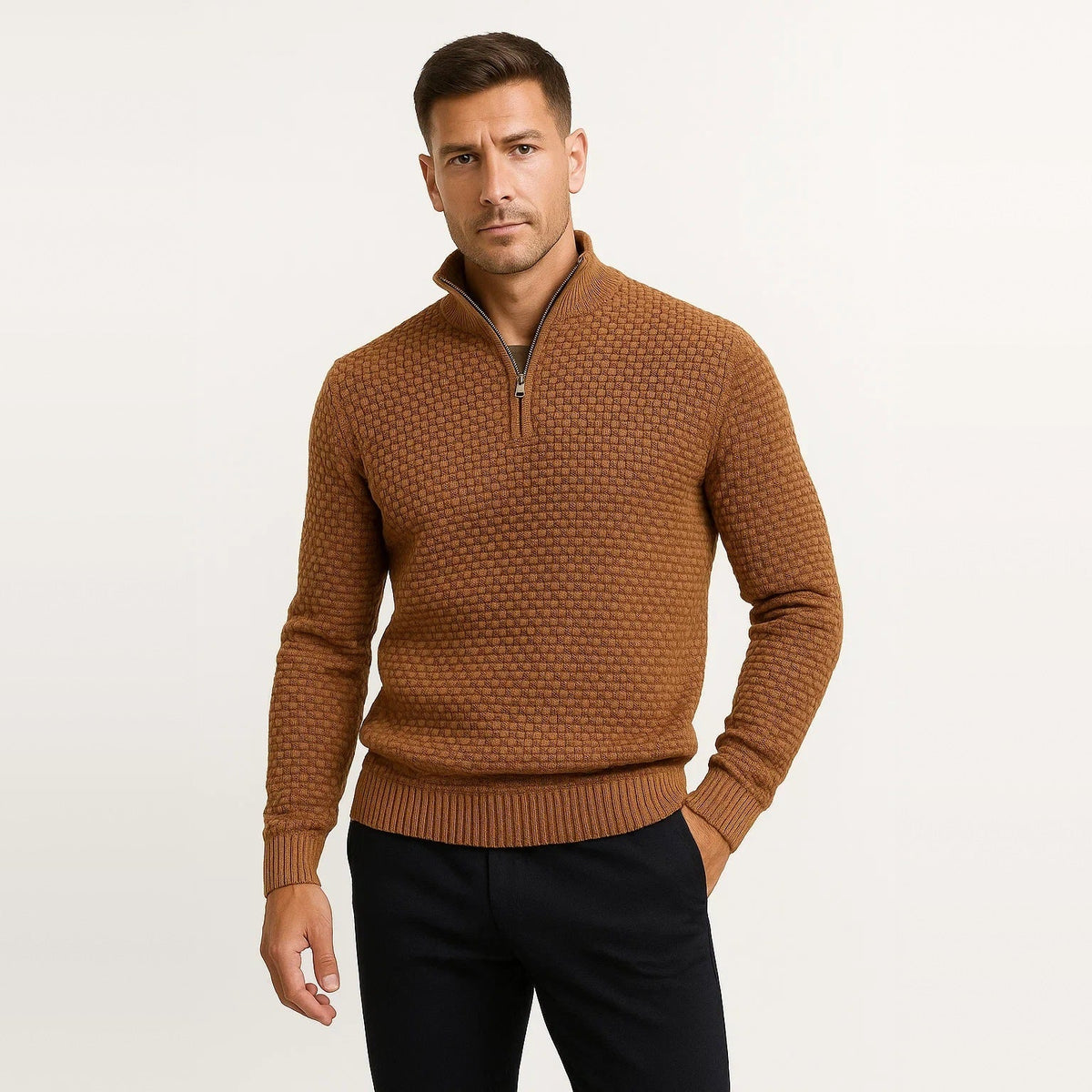 Man wearing brown waffle knit quarter zip sweater with black trousers | Chaps London
