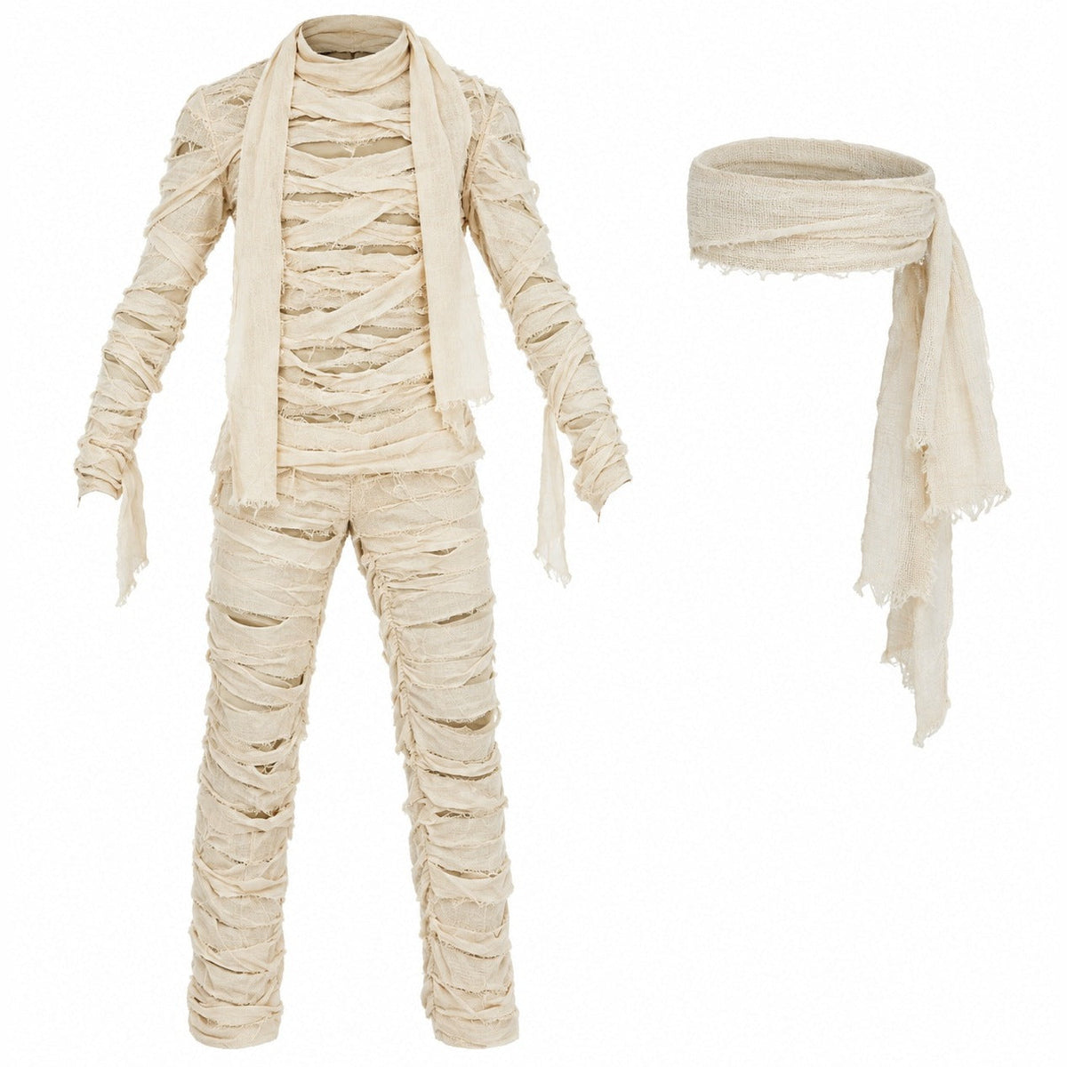 Beige frayed mummy costume jumpsuit and matching headband wrap, flat lay | Chaps London