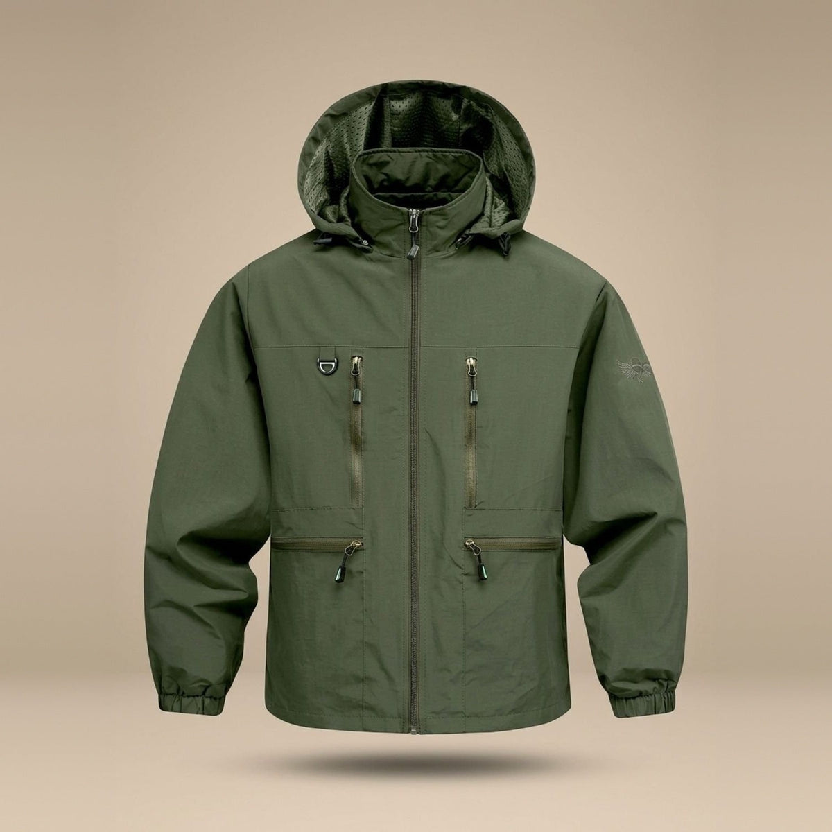 Olive green hooded waterproof jacket with multiple zip pockets, shown on invisible mannequin | Chaps London