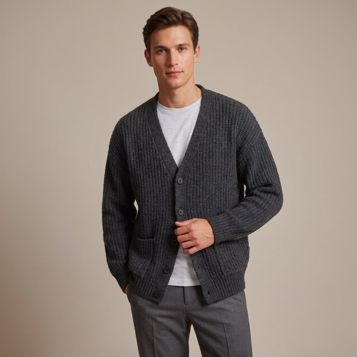 Man wearing charcoal gray ribbed knit button-front cardigan with patch pockets | Chaps London