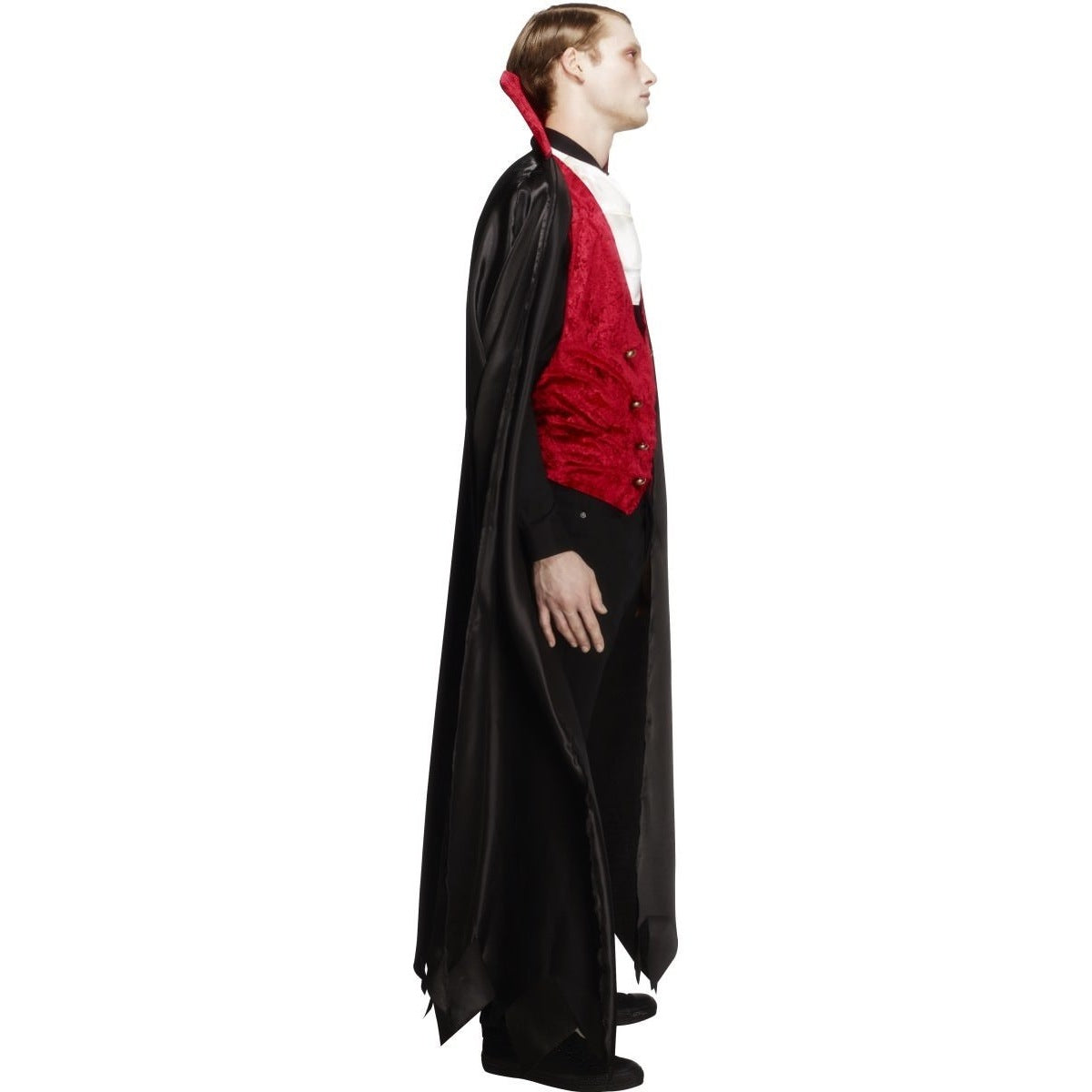 Man wearing black vampire cape with red velvet waistcoat and cravat | Chaps London
