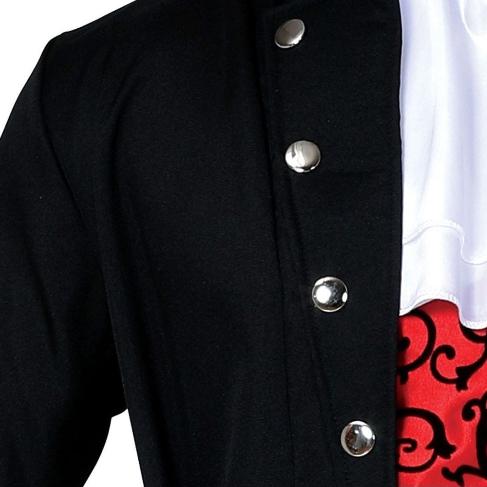 Black jacket with silver snap buttons over red patterned shirt, worn by person | Chaps London
