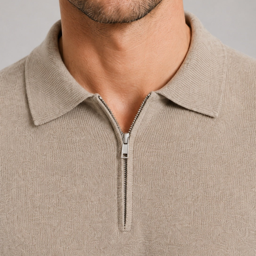 Beige quarter zip polo jumper, fine knit, worn by man, close-up | Chaps London