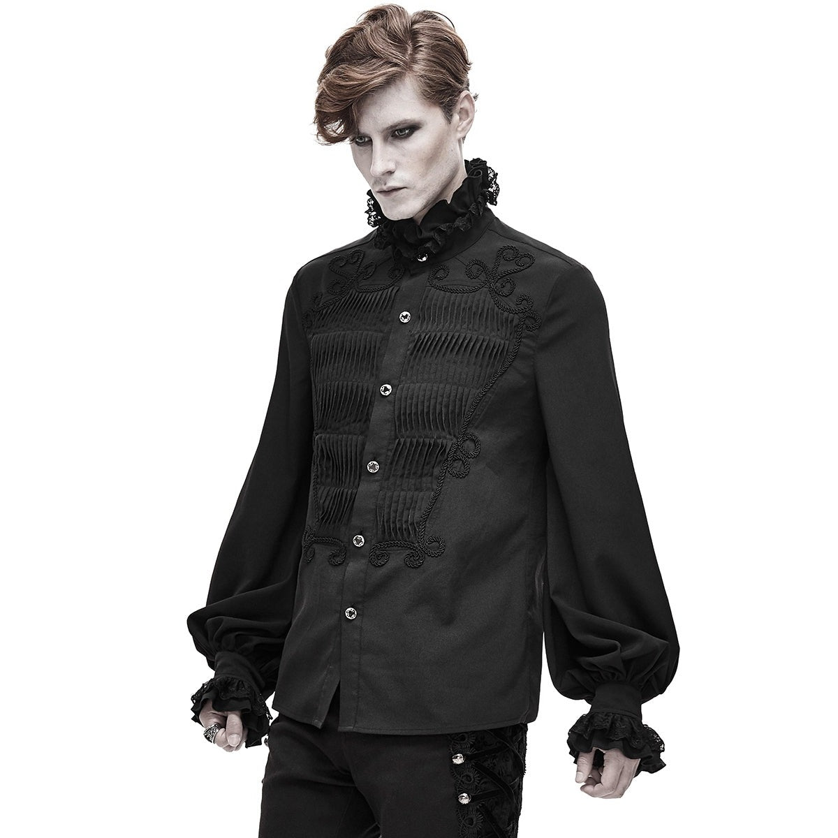 Black gothic pleated shirt with ruffled lace collar, worn by model | Chaps London