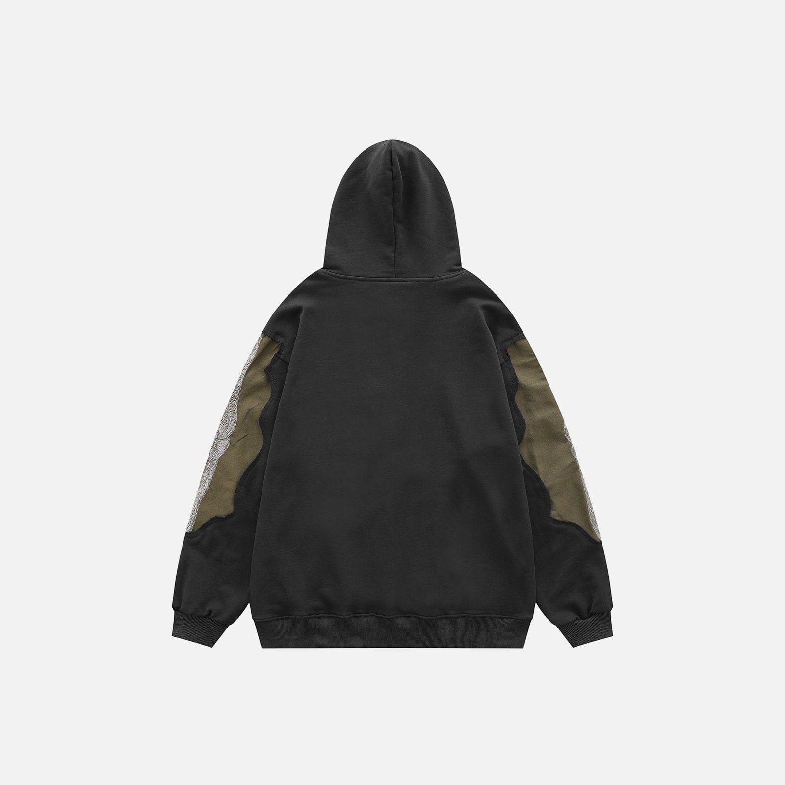 Black hoodie with olive camouflage sleeve patches, shown flat, back view | Chaps London