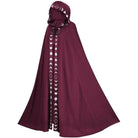 Burgundy hooded cloak with silver moon phase trim, worn by model, side view | Chaps London