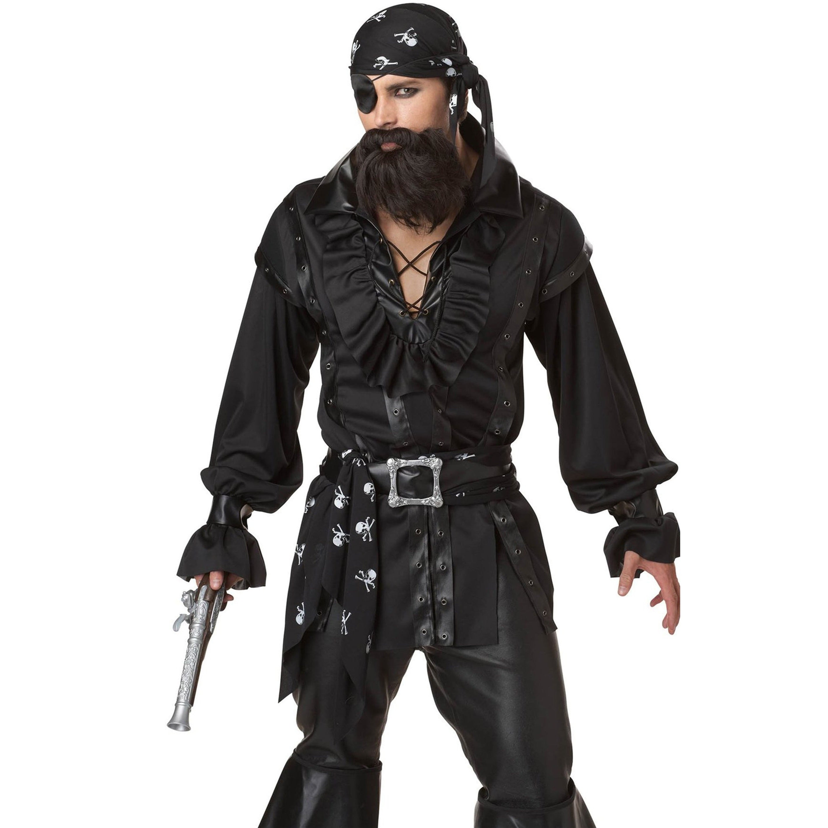 Man wearing black pirate costume with ruffle shirt, bandana, eye patch, worn | Chaps London