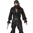 Man wearing black pirate costume with ruffle shirt, bandana, eye patch, worn | Chaps London