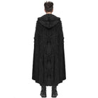 Black hooded cloak with textured pattern, worn by man, back view | Chaps London
