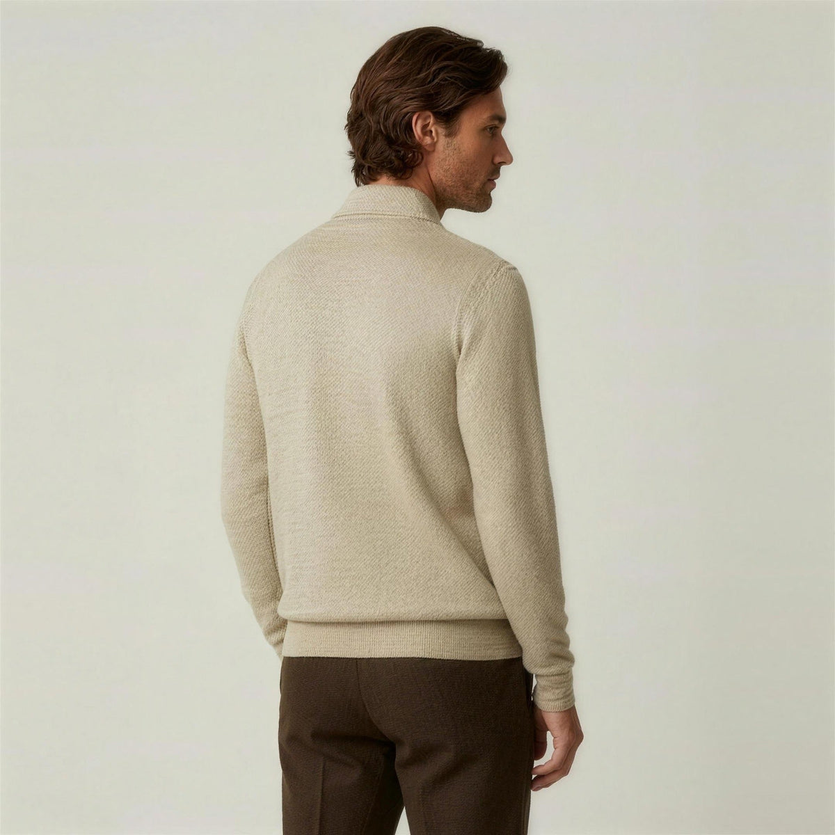 Man wearing beige knit half-zip sweater, back view, brown trousers | Chaps London
