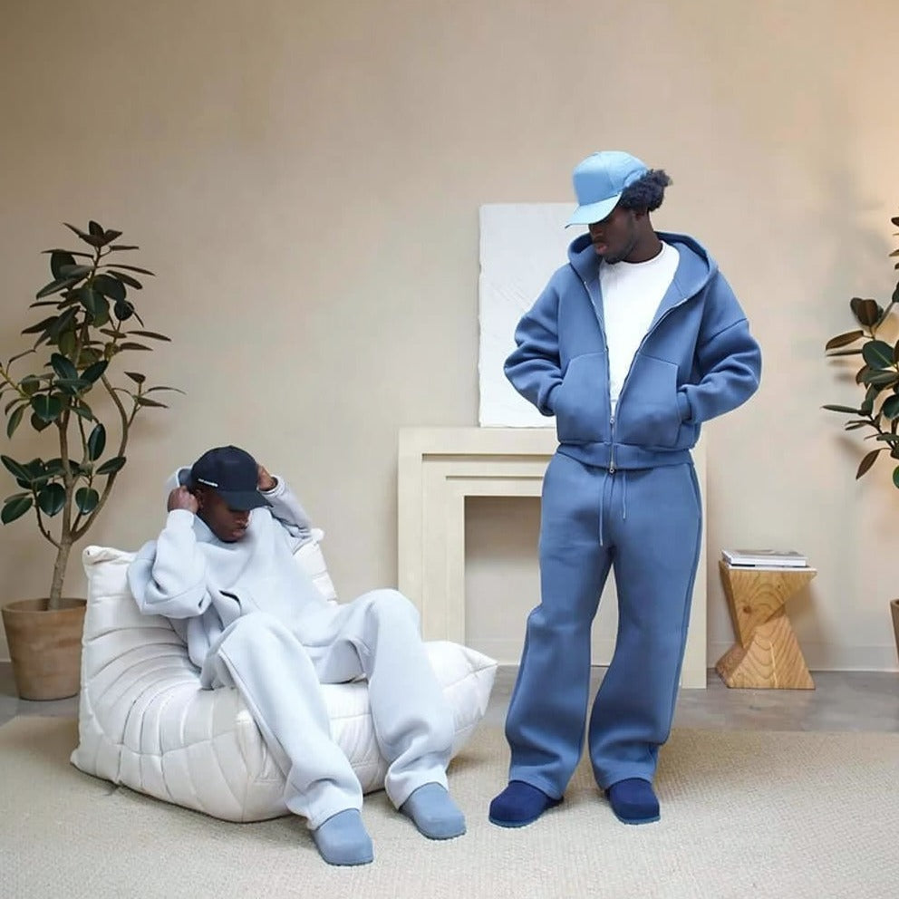 Two men wearing blue and light gray oversized tracksuits with zip hoodies | Chaps London