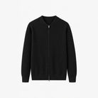 Black ribbed knit zip cardigan with stand collar, laid flat | Chaps London