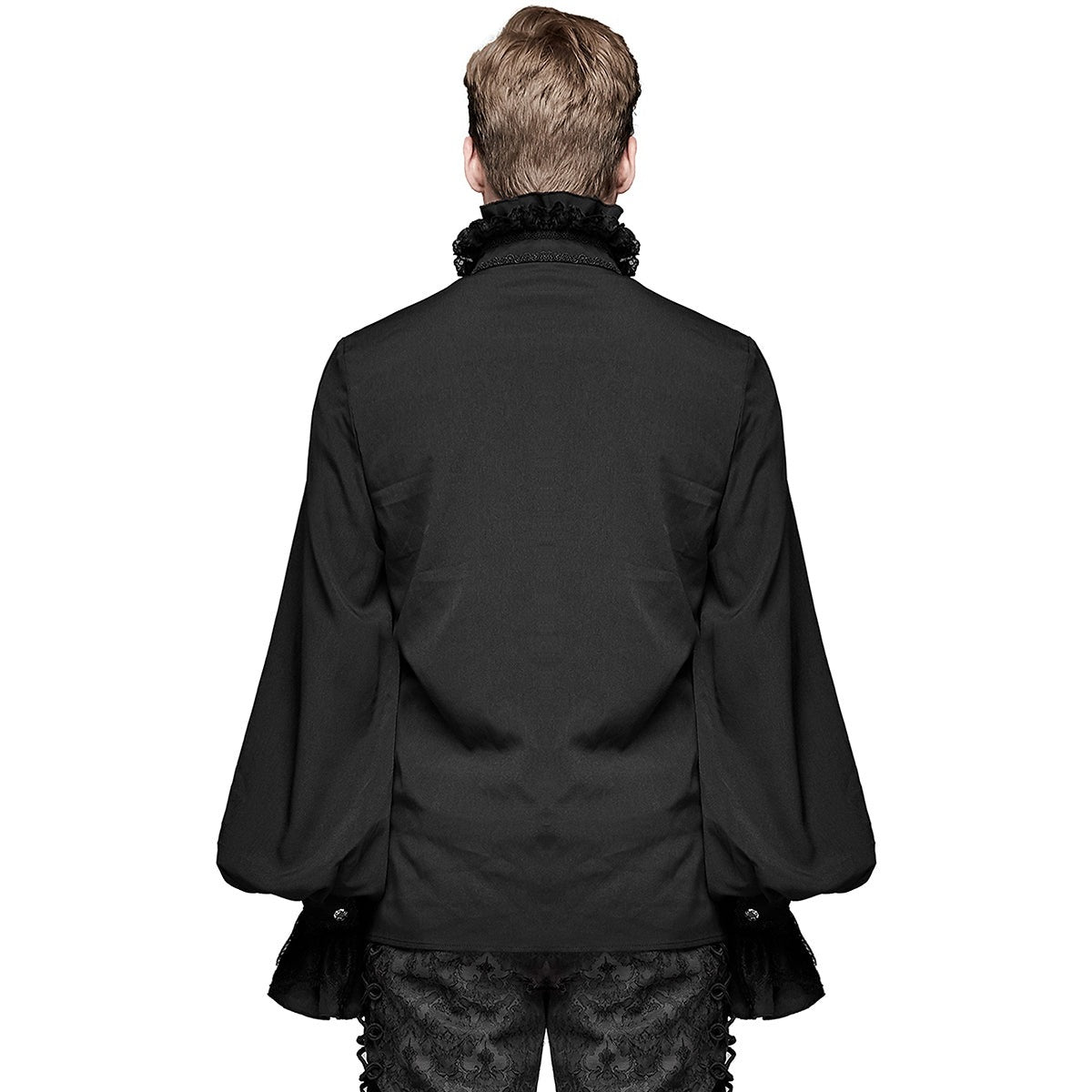 Black gothic shirt with voluminous sleeves worn by man, back view | Chaps London