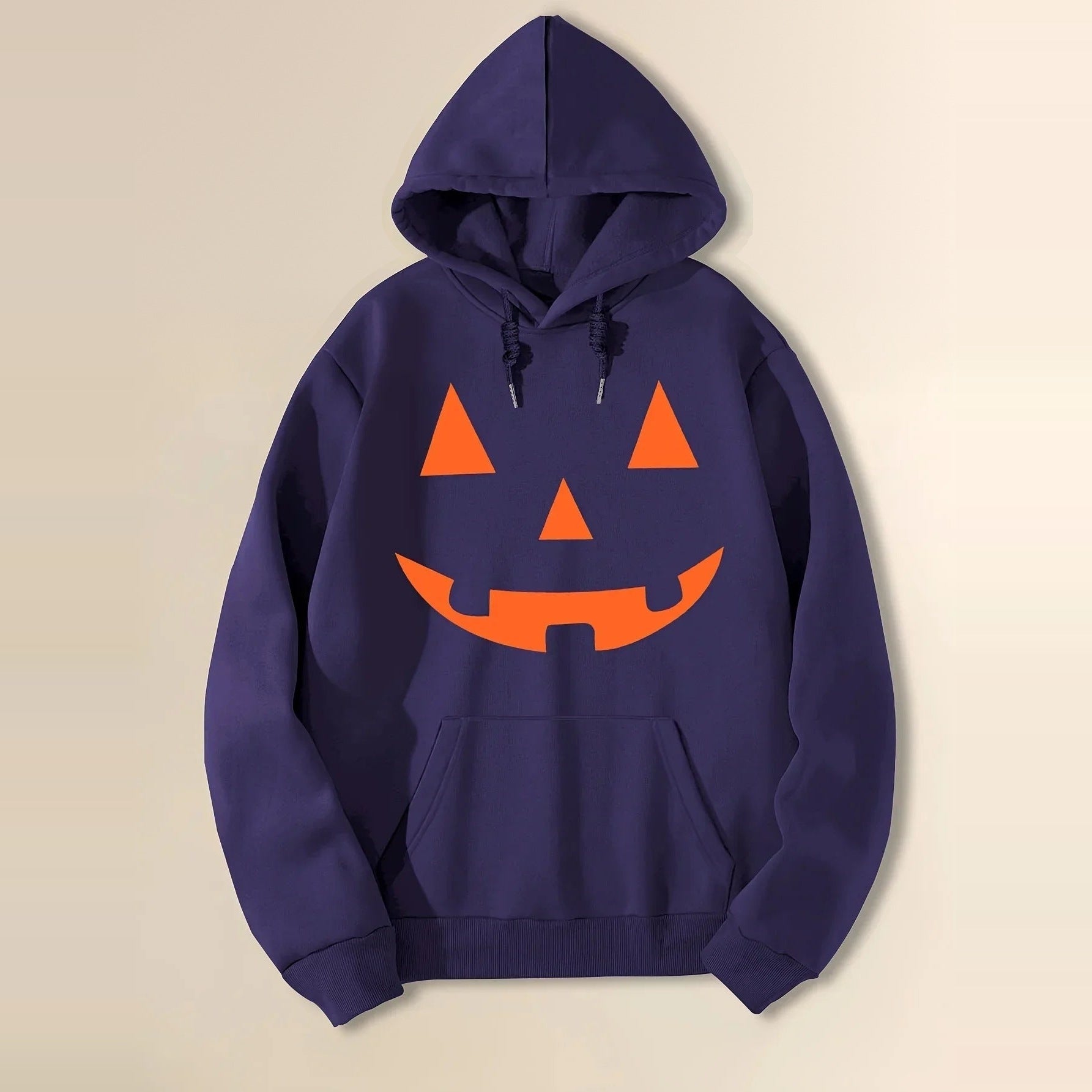 Navy hoodie with orange jack-o-lantern face print, flat lay view | Chaps London
