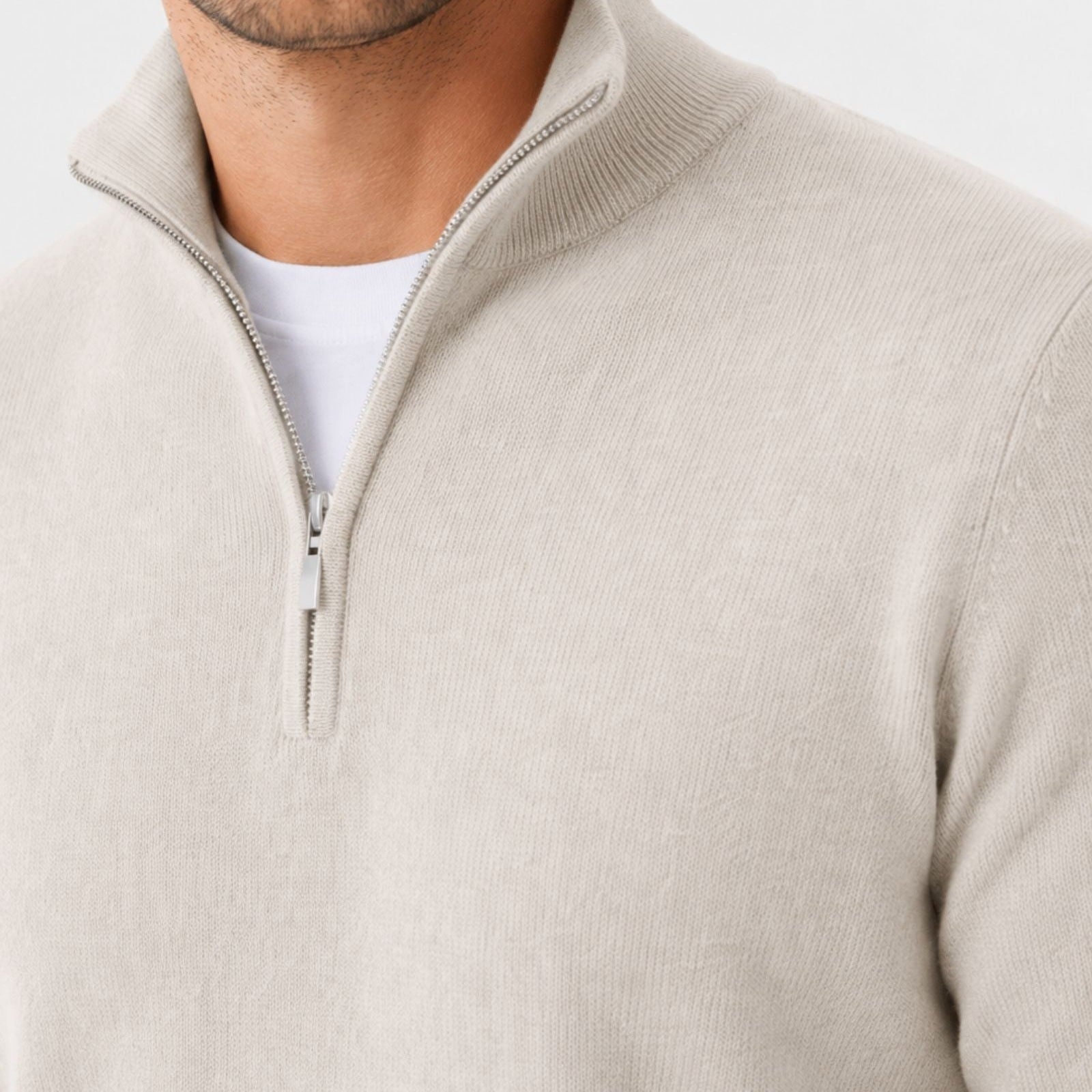 Beige quarter zip sweater, stand collar, worn by man, close-up view | Chaps London