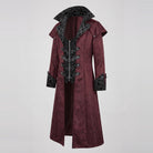 Burgundy jacquard gothic long coat with black brocade high collar, mannequin display | Chaps London