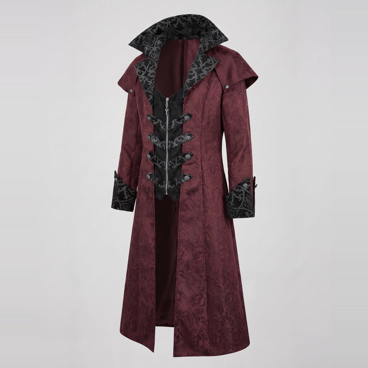 Burgundy jacquard gothic long coat with black brocade high collar, mannequin display | Chaps London