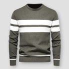 Olive green knit sweater with white chest stripes, worn by a person | Chaps London