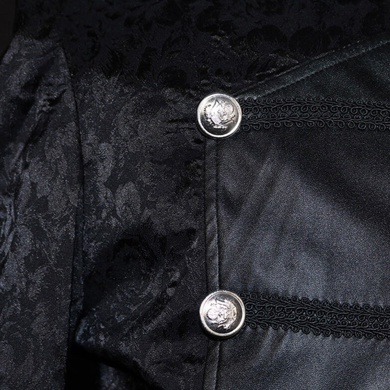 Close-up of black jacquard fabric with silver decorative buttons and trim | Chaps London