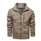 Khaki zippered jacket with stand collar, hidden hood, shown flat on background | Chaps London