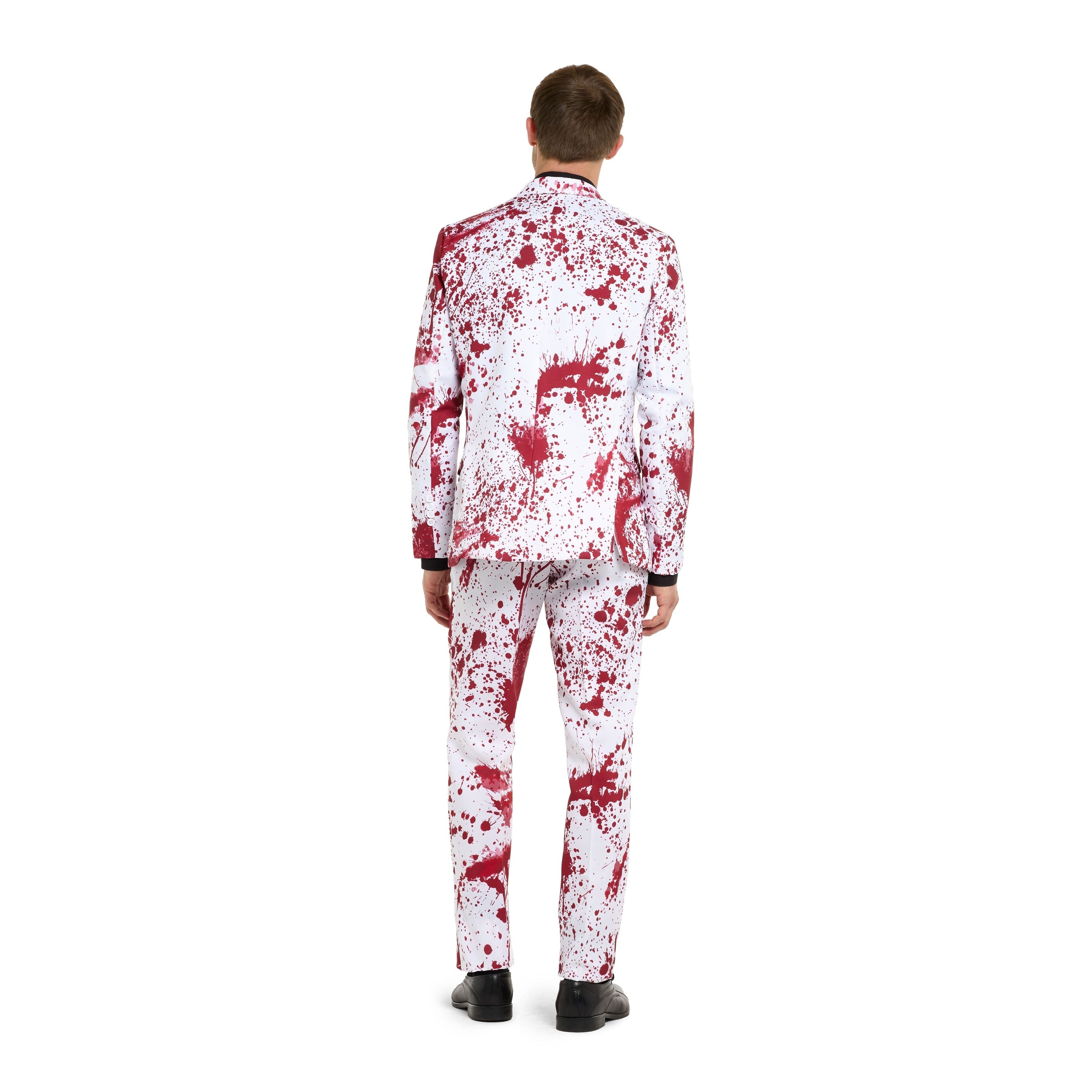 Man wearing white suit with red blood splatter pattern, back view | Chaps London