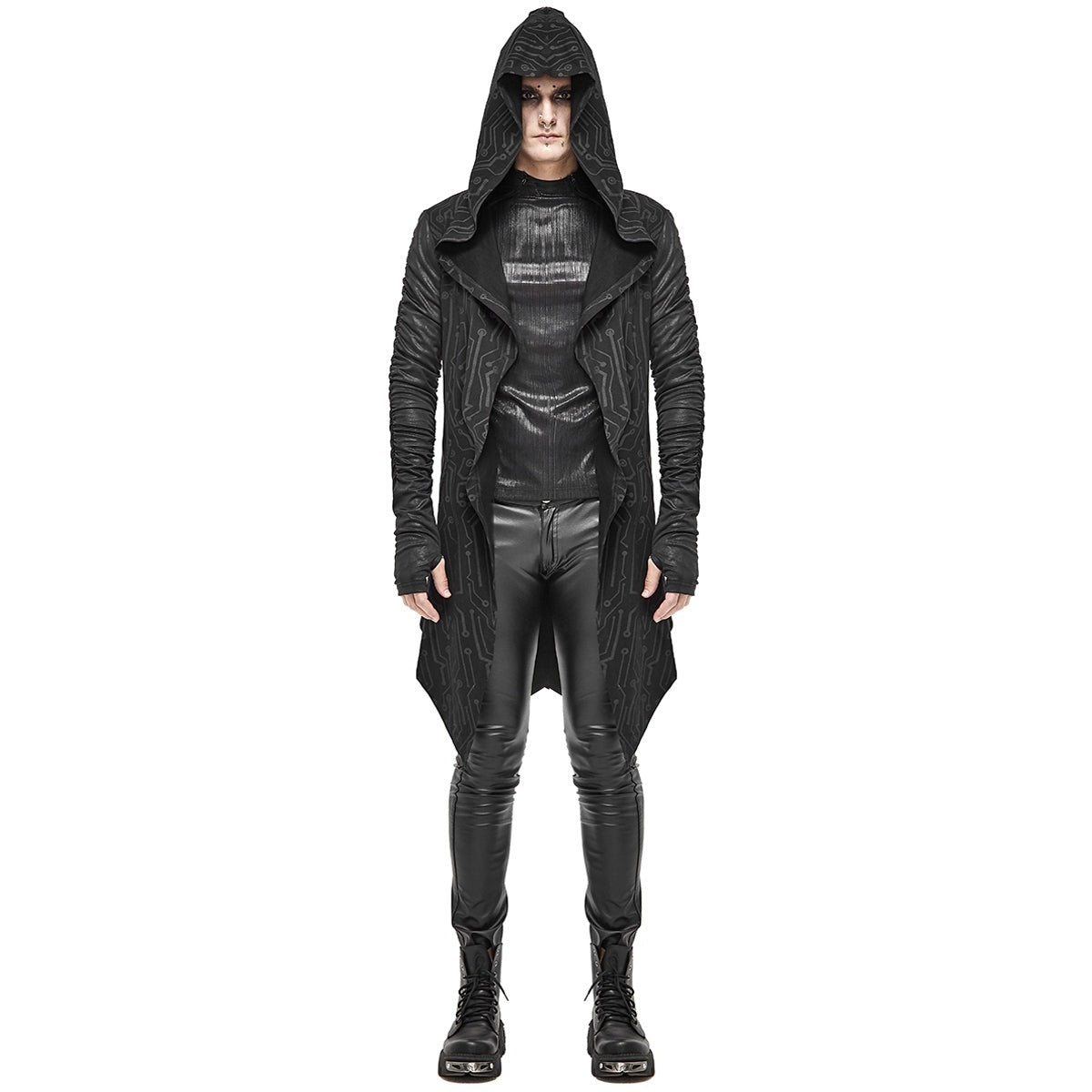 Black hooded long cardigan with textured panels, worn by a man | Chaps London