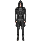 Black hooded long cardigan with textured panels, worn by a man | Chaps London