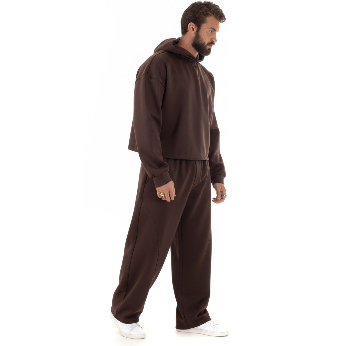Men's Cropped Hoodie Set | Baggy Trousers | Brown