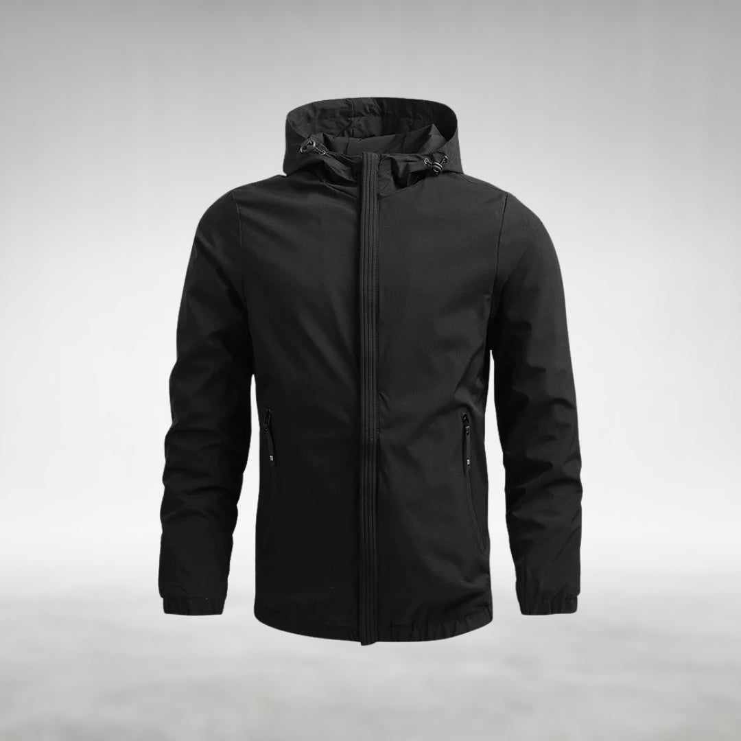Black hooded zip-up jacket on mannequin, front view, solid color | Chaps London
