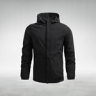Black hooded zip-up jacket on mannequin, front view, solid color | Chaps London