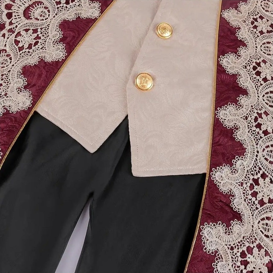 Burgundy jacquard coat detail with lace trim, gold buttons, worn by person | Chaps London