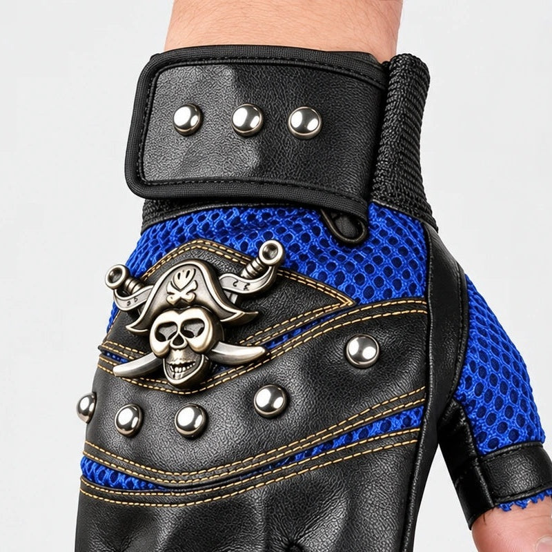 Black and blue fingerless biker glove with skull emblem, worn on hand | Chaps London