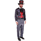 Man wearing black red satin vest tailcoat, striped trousers, and top hat | Chaps London